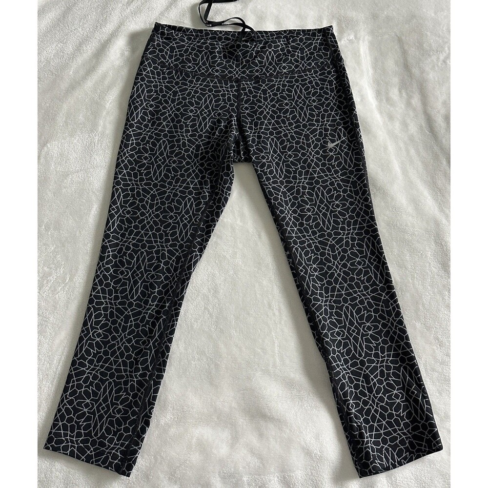 Nike Epic Run Capri Leggings Women M Blk Grey Geometric Print Drawstring Pockets